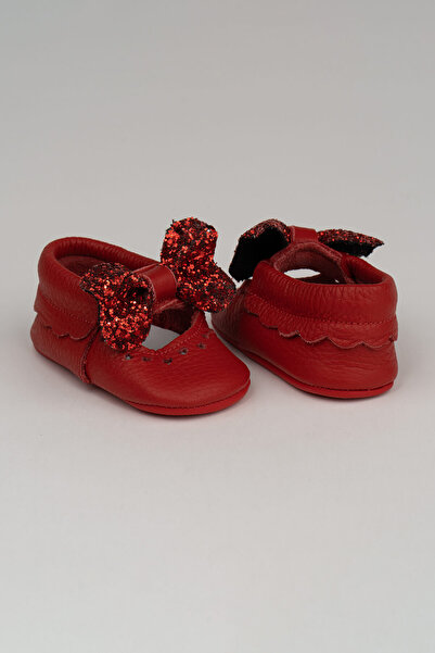 Deriza Kalpli Hakiki Deri Bebek Makosen Kırmızı Kurdele