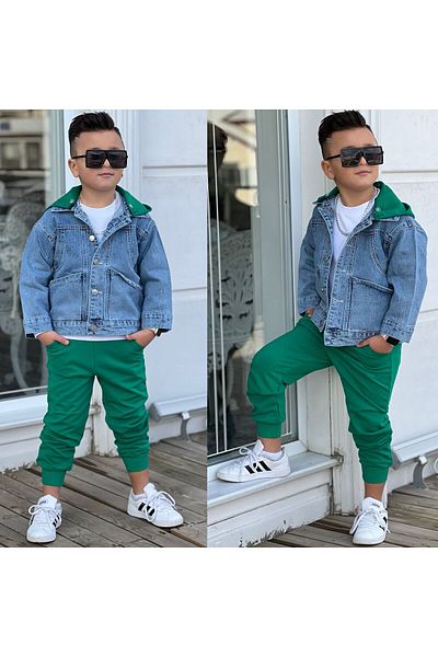 Ysferbutik Children's jeans jacket Children's 2 thread bottom tracksuit combed cotton sweet