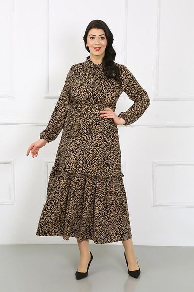 By Alba Collection Γυναικείο Leopard Flar γιακά μακρυμάνικο Lycra πλεκτό φόρεμα