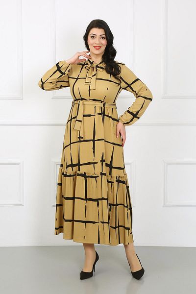 By Alba Collection Дамска рокля от плетен креп с дълъг ръкав, ликра и разкроена яка в кафяво