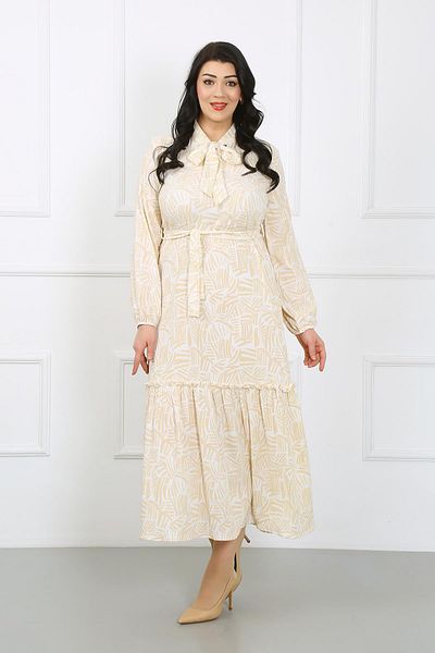 By Alba Collection Γυναικεία εκρού φανερωμένο κολλαριστό μακρύ μανίκι Lycra πλεκτό φόρεμα Bürümcük