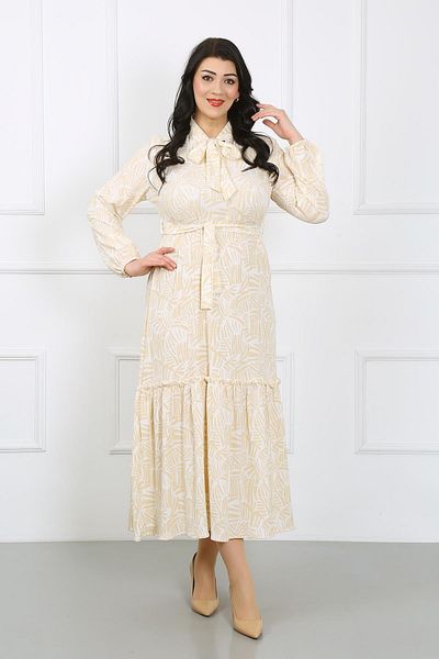 By Alba Collection Γυναικεία εκρού φανερωμένο κολλαριστό μακρύ μανίκι Lycra πλεκτό φόρεμα Bürümcük
