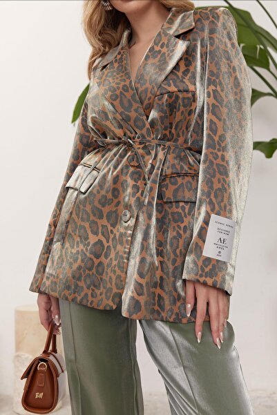 Ahel Tasarım Sesılia Leopard Pattern Jacket Set - Green