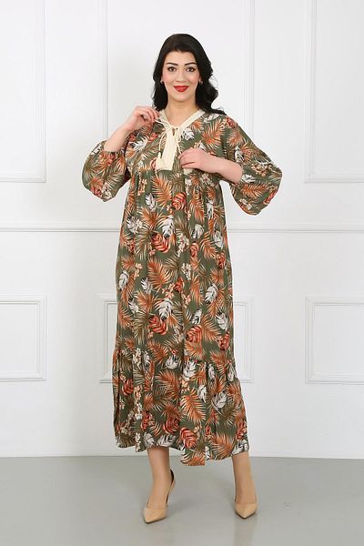 By Alba Collection Γυναικείο φόρεμα με στάμπα με φύλλα χακί με μακρυμάνικο βαμβακερό βισκόζη σε μεγάλο μέγεθος