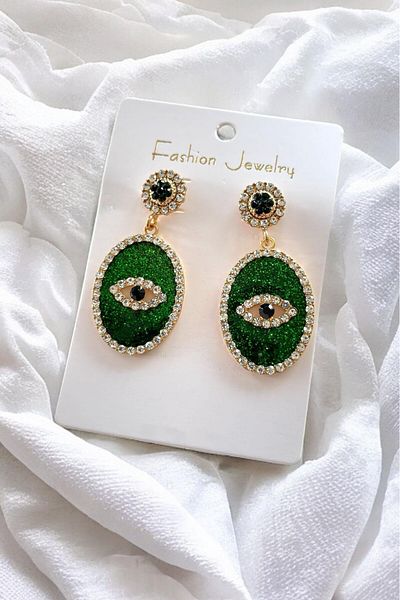 TAKIŞTIR Gold Color Green Glitter Detailed Eye Figured Jewelled Earrings (Pair)