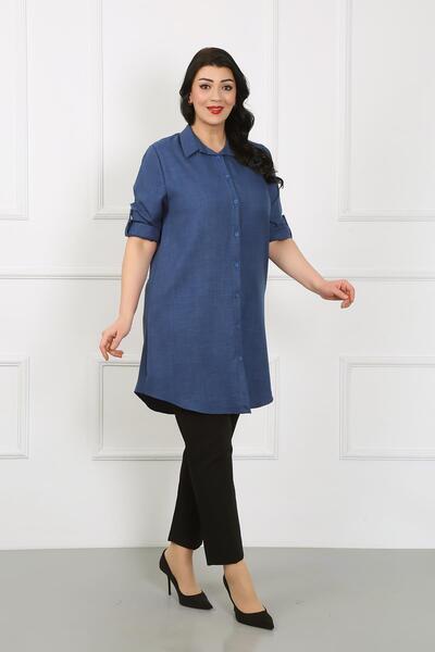 By Alba Collection Women's Navy Blue Soft Linen Large Size Tunic