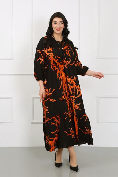By Alba Collection Γυναικείο πορτοκαλί μαύρο φόρεμα με δαντέλα με μακρυμάνικο βαμβακερό βισκόζη σε μέγεθος