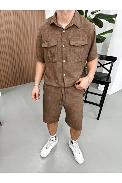 King Brothers Льняний сортований костюм з коротким рукавом з кишенями для сорочки