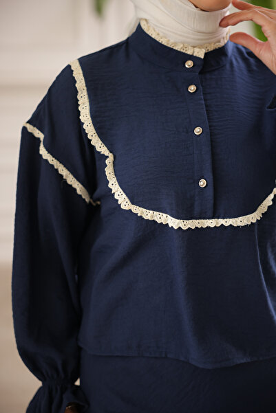 benguen 2078 Double Set with Knit Detail on the Collar Navy Blue