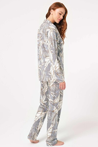 Anıl Kadın Gri Uzun Kol Boydan Düğmeli Pijama Takımı 9842