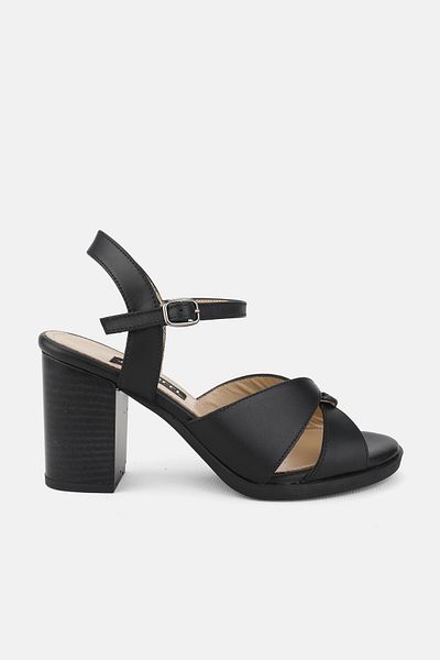 TUNAELLİ WOMEN'S BLACK GENUINE NATURAL LEATHER THICK HEELED STRAPPED SANDALS
