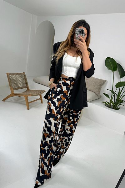 Sohotique By P Patterned Viscose Satin Elastic Trousers Colorful