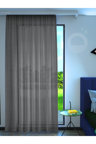 Yakamoz KOYU GRİ KETEN GÖRÜNÜMLÜ EKSTRAFORLU TÜL PERDE LİNEN TOUCH SERİSİ