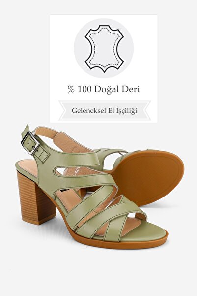 TUNAELLİ WOMEN'S GREEN GENUINE NATURAL LEATHER THICK HEEL STRAPPED SANDALS