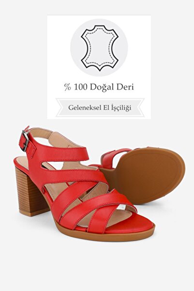 TUNAELLİ WOMEN'S RED GENUINE NATURAL LEATHER THICK HEELED STRAPPED SANDALS