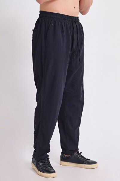 RELAXL 100% Cotton Extra Thin Fabric Black Baggy Linen Trousers with Elastic Waist