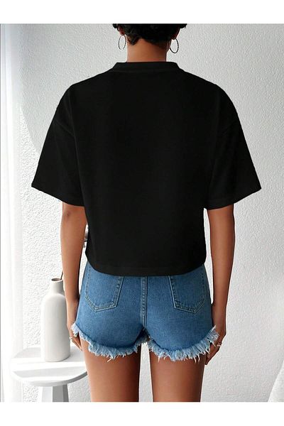 Mood Lab Tricou negru de bază Relaxed Fit Crew Deck pentru damă