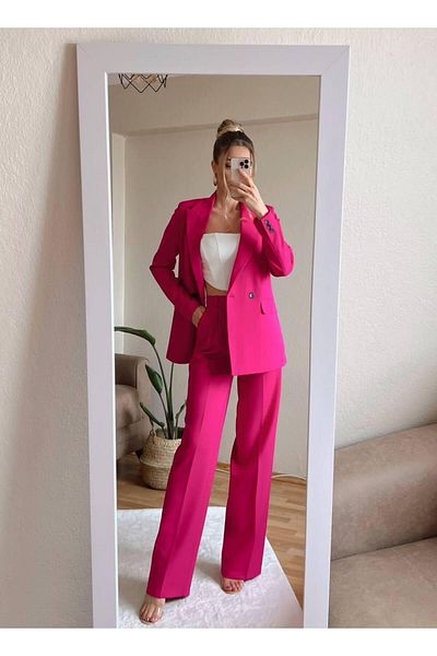 cn novembersun Set pantaloni sacou blazer cu nasturi fuchsia