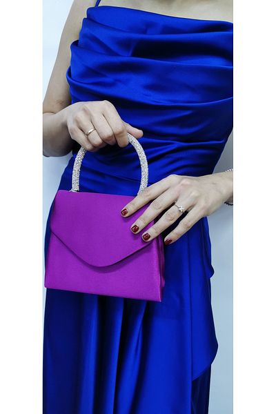 NAZART Rochie de seară mov satinat de damă clutch portofoliu curea cu lanț de mână nuntă logodnă noapte geantă de umăr