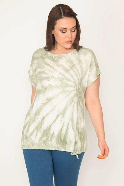 Şans Women's Large Size Green Tie-Dye Patterned Blouse with Stone on the Front and Skirt Lace-up Detail 65n32679