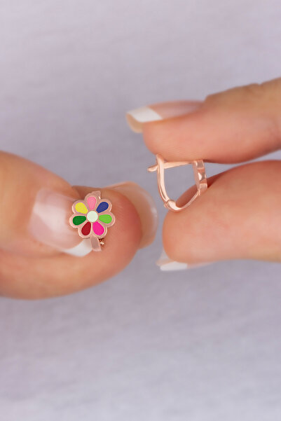 TEK TARZIM TAKI 1 cm Papatyalı Renkli Mineli Gümüş Çocuk J Küpe (2 - 8 YAŞ)