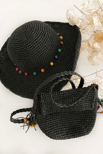 Gia Design Kağıt İp El Örgüsü Boncuk İşlemeli Hasır Siyah Renk Şapka ve Çanta...