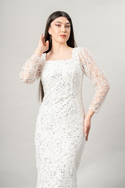 fevzuss Beyaz Kare Yaka Sim Baskı Midi Boy Abiye