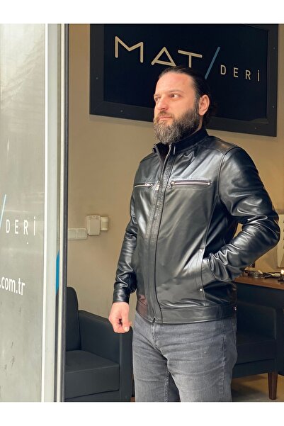 MAT Deri سترة جلدية أصلية سوداء للرجال، سترة جلدية رياضية ذات قصة ضيقة