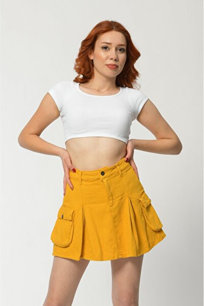 What's Up Whatsup Kargo Cepli Denim Mini Etek - Hardal