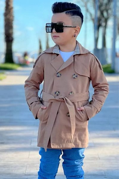 Tarz Çocuk Boy's Trench Coat Coat Jeans Trousers T-Shirt Three Pieces Style Set