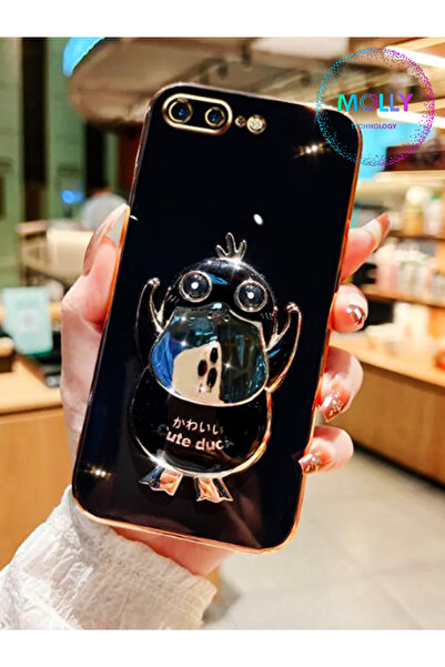 Molly iPhone 8 PLUS İçin Siyah Sevimli Ördek Standlı Kenarları Gold Detaylı L...