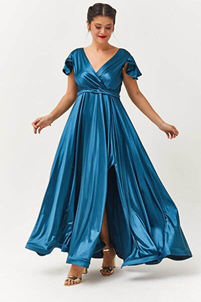 Ebsumu Women's Plus Size Slit Detailed Satin Long Turquoise Evening Dress & Evening Dress