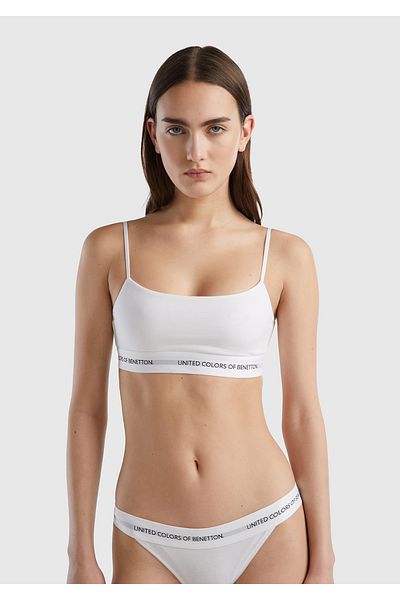 United Colors of Benetton Women's white cotton blend underbust shiny logo Printed bralette