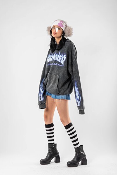 Sekizbiraltı Washed Black Thrasher Flam Printed Oversize Unisex Hoodie