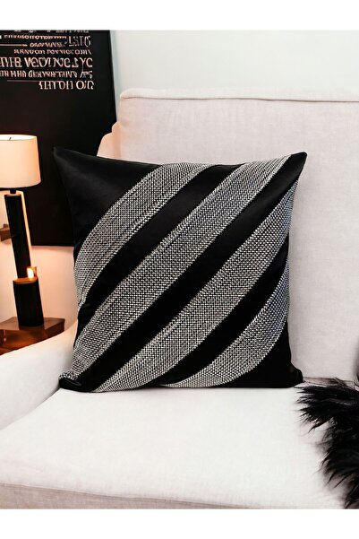 Leila Home and Living Siyah saten gümüş çizgili dekoratif yastık kırlent kılıfı