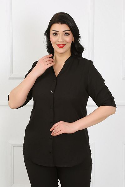 By Alba Collection Cămașă de damă cu guler înalt din in moale mărimi mari