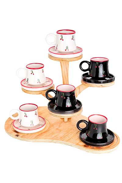 Gezdikçe Bilelim Set of 6 Black and White Handmade Boiler Ceramic Coffee Cup, Coffee Cup