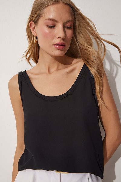 Happiness İstanbul Women's Black U-Neck Loose Crepe Blouse RC00148