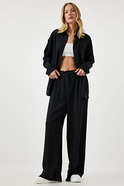 Happiness İstanbul Schwarzes saisonales gewebtes Hemd-Palazzo-Hose-Set für Damen RV00174