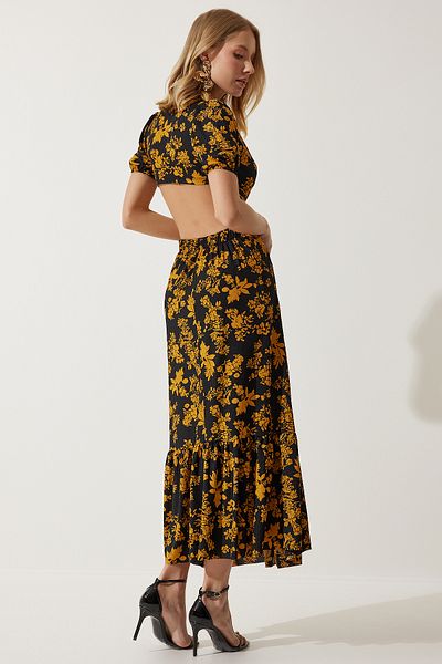 Happiness İstanbul Women's Black Mustard Patterned Window Detailed Buckle Knitted Dress MC00263