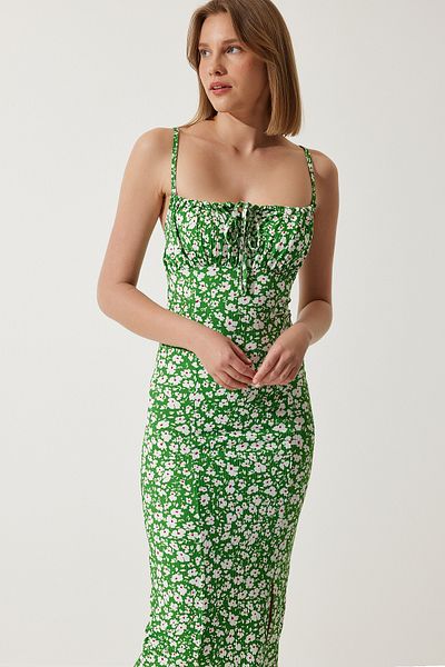 Happiness İstanbul Gestricktes Damen-Sommerkleid mit grünem Blumenschlitz – CI00029