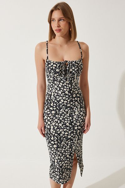 Happiness İstanbul Schwarzes, geblümtes, geschlitztes Sommer-Strickkleid für Damen CI00029