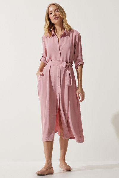 Happiness İstanbul Γυναικείο φόρεμα Candy Pink ζωσμένο πουκάμισο DD01256