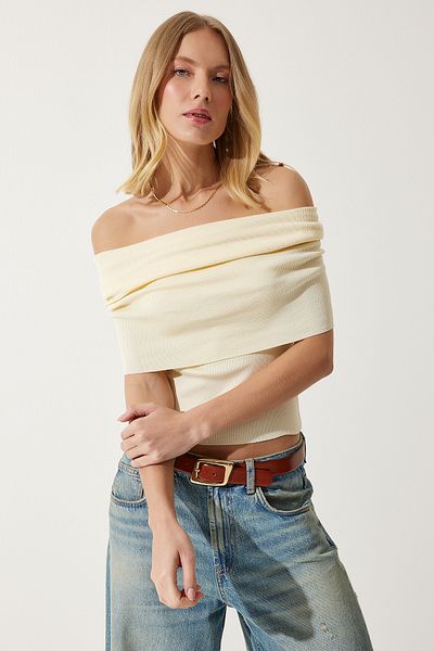 Happiness İstanbul Γυναικεία πλεκτή μπλούζα Vanilla Off-the-Shoulder FN03181