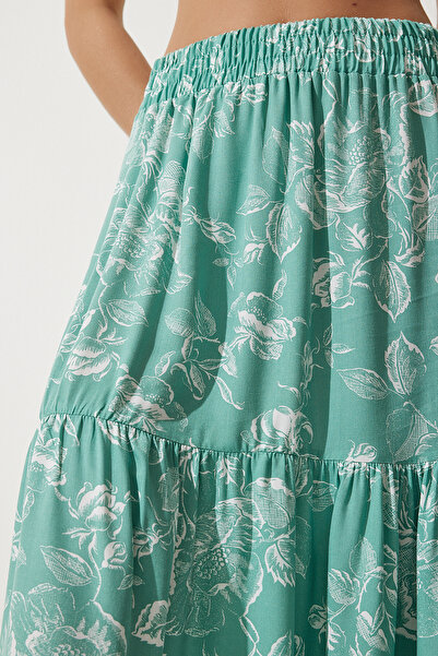 Happiness İstanbul Damska spódnica wiskozowa z falbaną w kolorze wody, w kolorze zielonym, kwiatowym i wzorzystym DD01310