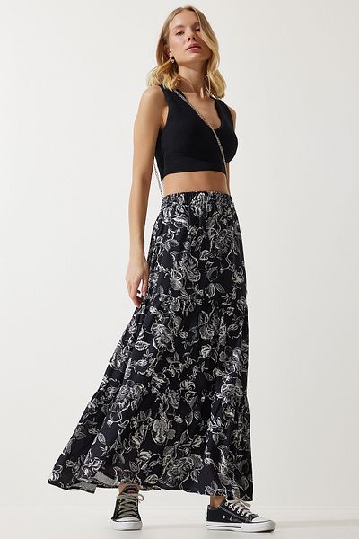 Happiness İstanbul Women's Black Floral Patterned Flounce Viscose Skirt DD01310