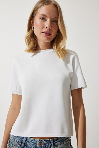 Happiness İstanbul Dámská pletená halenka Ecru s krátkým rukávem AN00186