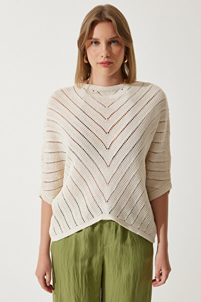 Happiness İstanbul Γυναικεία κρεμ μπλούζα πλεκτό νυχτερίδα YU00013