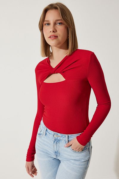 Happiness İstanbul Women's Red Cut Out Detailed Ribbed Knitted Blouse SF00005