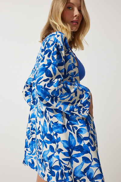 Happiness İstanbul Dámské modré vzorované viskózové kimono EN00615